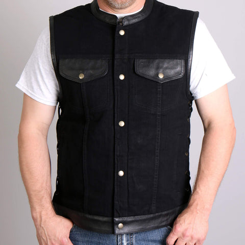 Men's Black Denim and Leather Vest