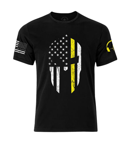 Thin Yellow Line 911 dispatcher T-shirt | Spartan Patriotic Flag Shirt | Thin Yellow Line Spartan Helmet T-shirt | 911 dispatcher  T-Shirt