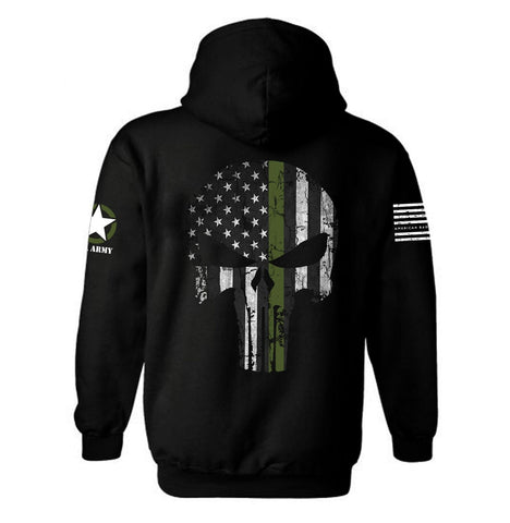 Punisher Skull Thin Green Line Hoodie | Patriotic Skull American Flag | Punisher Skull US. Military  | Army Hoodie | Veteran | Unisex Hoodie