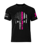 Punisher Skull Thin Pink Line | Cancer Support T-shirt | Patriotic Cancer Support Ribbon | USA Flag T-shirt | Thin Pink Line T-shirt