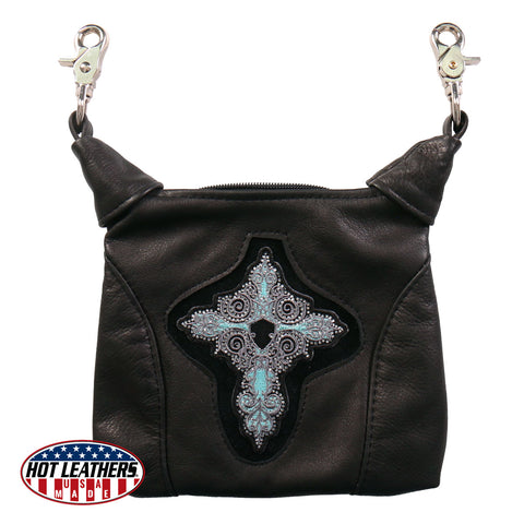 Premium USA Made Leather Clip Pouch with Turquoise Cross and Rhinestones