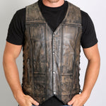 Men's Distressed Brown Leather Vest w 2 Concealed Carry Pockets